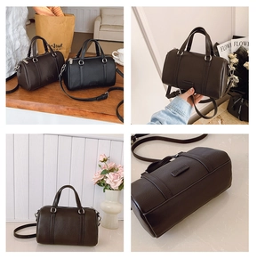 Detailed views of Boston handbags with pebble grain leather finish and logo plaque detail