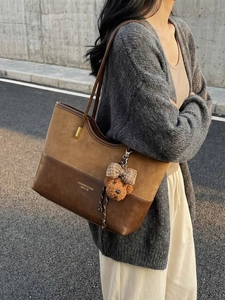 Minimalist large tote bag in brown contrast stitching with cute bear charm for women