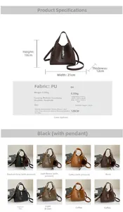 Detailed size chart for minimalist PU leather bucket bags showing dimensions and colors