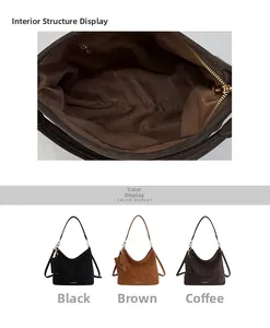 Detail of spacious tote bag interior with zipper pocket and three vintage color options
