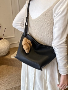 Classic black litchi pattern shoulder bag with cute brown plush bear charm ornament