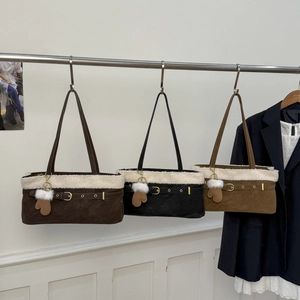 Winter contrast faux fur plush patchwork shoulder bags in brown, black, and camel suede