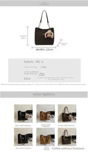 Detailed view of PU tote bag dimensions with a removable plush rabbit charm accessory