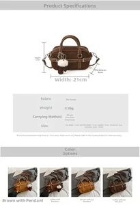 Detailed dimension guide for vintage bowling bag showing sizes and suede PU material