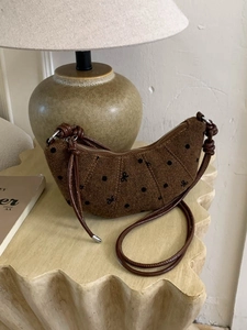 Sac Croissant Rétro à Pois pour Femmes Broderie Nœud Décor en Tissu Sac Bandoulière Minimaliste Sac à Main de Navette