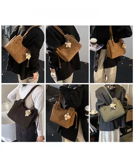 Multiple views of women large tote bag with bear charm in brown, dark coffee and green