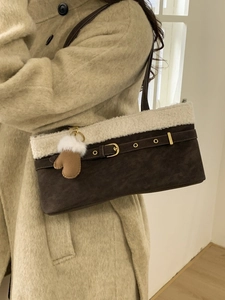 Retro Women Underarm Bag With Faux Fur Trim Plush PU Leather Shoulder Bag Vintage Buckle Minimalist Daily Commute Handbag