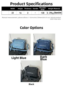 Size chart showing denim crossbody bag dimensions 22x16x3cm and triple color options