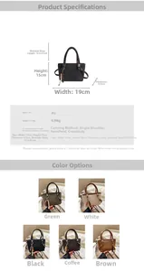 Detail view of vintage checkered bucket bag with dimensions and five color options