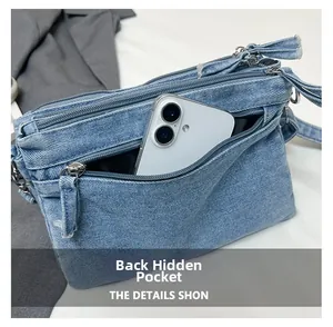 Detail of blue denim crossbody bag featuring a functional rear zipper pocket for smartphones