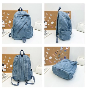 Detailed four-angle view of a vintage light blue denim backpack with white embroidery