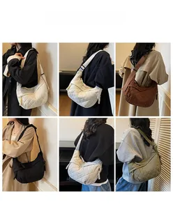 Quilted crescent crossbody bags in five colors styled with adjustable wide straps