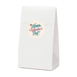 White paper gift bag with Happy Valentine's Day sticker featuring Cupid illustration