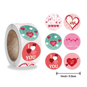 Detailed macro view of 1-inch Valentine's Day heart stickers in a multi-design roll