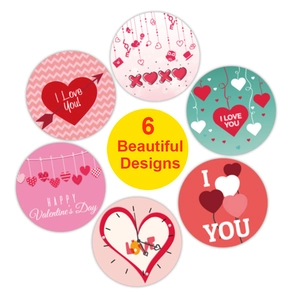 Detailed view of 6 Valentine's Day heart stickers with diverse festive patterns