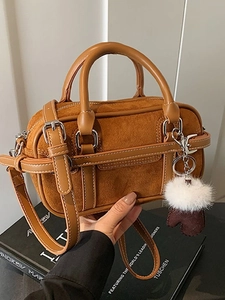 Women Vintage Boston Bag Suede Leather Splicing Shoulder Crossbody Bag With Plush Charm Retro Lightweight Handbag For Daily Work