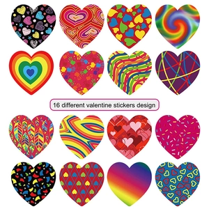 Detailed grid of 16 colorful heart-shaped Valentine stickers with diverse patterns