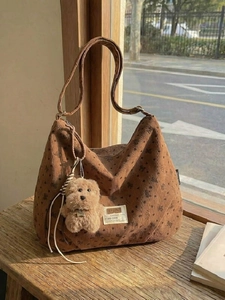 Women Corduroy Large Capacity Tote Bag Heart Bow Print Shoulder Bag With Plush Bear Keychain Casual Hobo Handbag