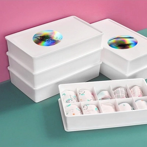 Close-up of storage box lid featuring a laser rainbow eyelash and eye graphic design