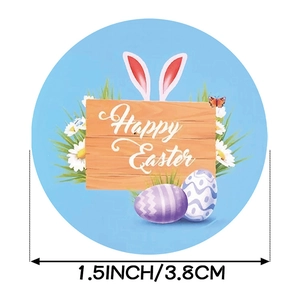 1,5 Zoll Happy Easter Aufkleber mit bunten Eiern, Hasenohren und Holzschild-Motiv