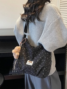 Large capacity black corduroy shoulder bag with heart patterns and bear pendant