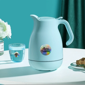 Sky blue thermal carafe with Merry Christmas holographic rainbow laser thank you sticker