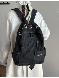 Retro black denim backpack with white embroidery and multi-pocket casual design