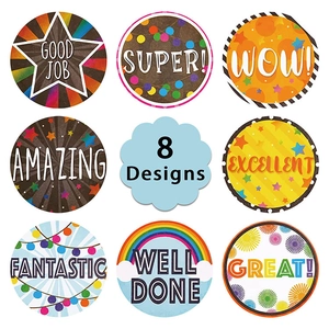 Rainbow motivational stickers set with 8 designs including Good Job and Well Done slogans