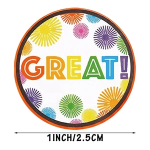 Rainbow gradient GREAT! reward sticker for students with fireworks design on white background