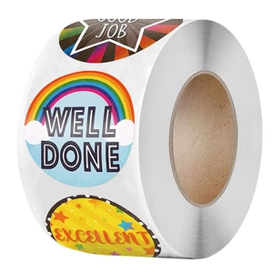 Rainbow reward stickers roll with Well Done and Excellent designs for student motivation