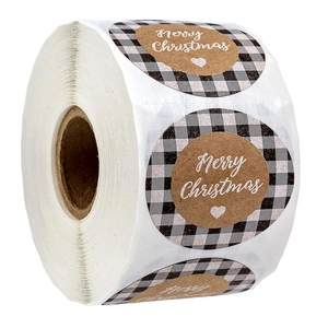 Frohe Weihnachten Kraftpapier Aufkleber Büffel-Karo Gingham Dekorative Runde Versiegelungsetiketten Für Feiertagsgeschenkverpackung