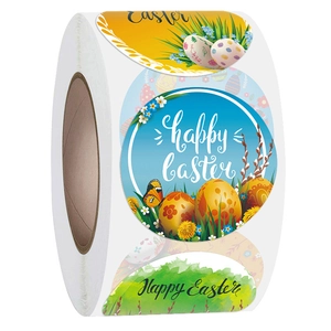 Rolle bunter runder Happy Easter Aufkleber mit Blumen-Ei-Motiven auf weißem Grund