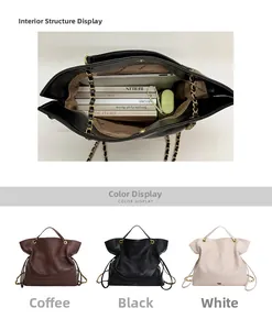 Detailed view of large tote bag interior and three color options with chain straps