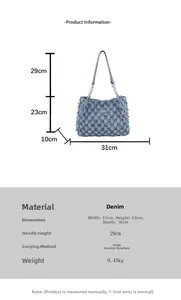 Detailed size chart for retro denim tote bag showing dimensions and material specs