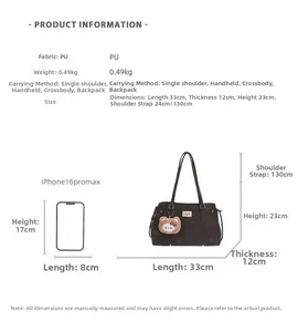 Detailed size chart for black PU leather handbag with iPhone 16 Pro Max for scale
