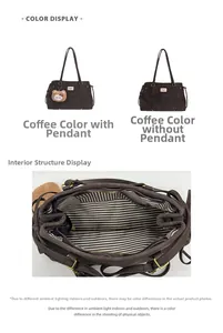 Detail of coffee tote bag with striped lining, interior zipper pocket and plush bear charm