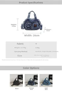 Detailed size specifications and color options for large capacity denim canvas tote bag