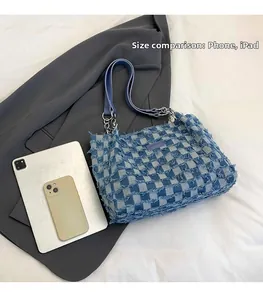 Blue checkerboard tote bag size comparison with tablet and phone showing large capacity