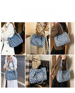 Blue and white checkered denim tote bag featuring fringe edges and silver chain straps