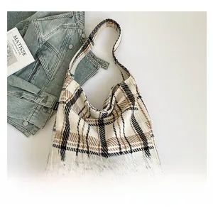 Detail of plaid wool tote bag showing thick texture and minimalist classic pattern
