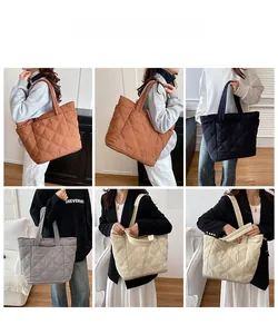 Quilted tote bag fashion details showing shoulder and hand-carry styles in various colors