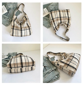 Detailed views of a large checkered tote bag featuring brown and black wool patterns
