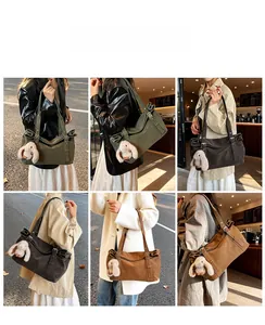 Fashion vintage matte large capacity tote bag shown in multiple colors with cute rabbit charm