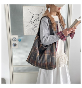 Detailed close-up showing texture of the oversized retro plaid wool tote bag for women