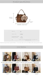 Detail view of the vintage PU leather bucket bag with dimensions and plush charm accessory