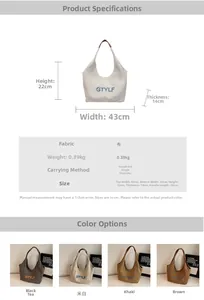 Detailed size chart for large canvas tote bag with height 22cm and width 43cm dimensions