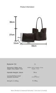 Size chart showing large PU leather tote dimensions 33x27x11cm with inner pouch details