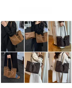 Detailed views of brown suede tote bag with drawstring accents and matching inner pouch