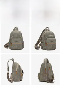 Detail view of grey versatile backpack with textured synthetic material and bronze metal hardware