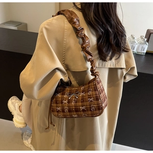 Brown checkered underarm bag with cute bear print and gathered pleated shoulder strap